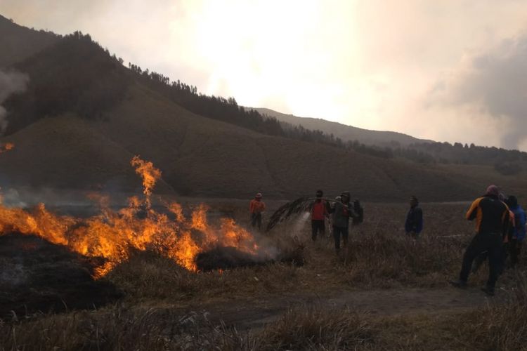 Petugas berusaha memadamkan api di padang rumput atau sabana Gunung Bromo, Jawa Timur, Minggu (2/9/2018).