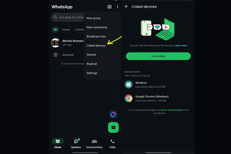 Menu Linked devices di WhatsApp yang menampilkan daftar perangkat yang terhubung dengan akun pengguna.
