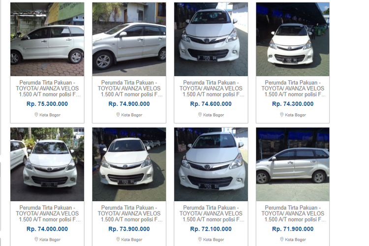Tangkapan layar laman lelang 8 unit Toyota Avanza Veloz lansiran tahun 2013