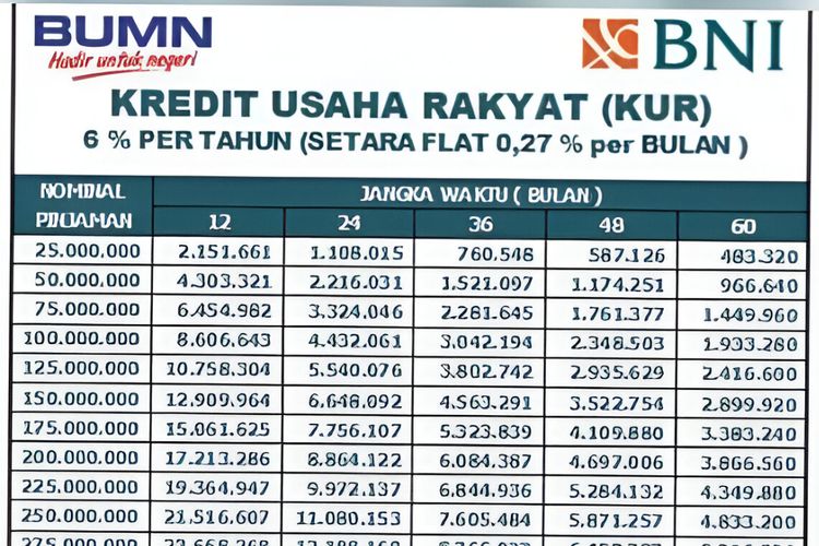 Tabel KUR BNI 2025. Tabel angsuran KUR BNI 2025. KUR BNI 2025.