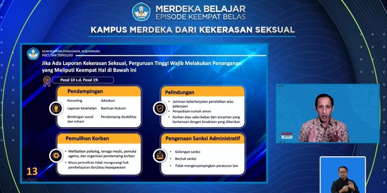 Mendikbud Ristek, Nadiem Makarim saat meminta pimpinan perguruan tinggi harus terbuka jika terjadi kekerasan seksual di kampus.