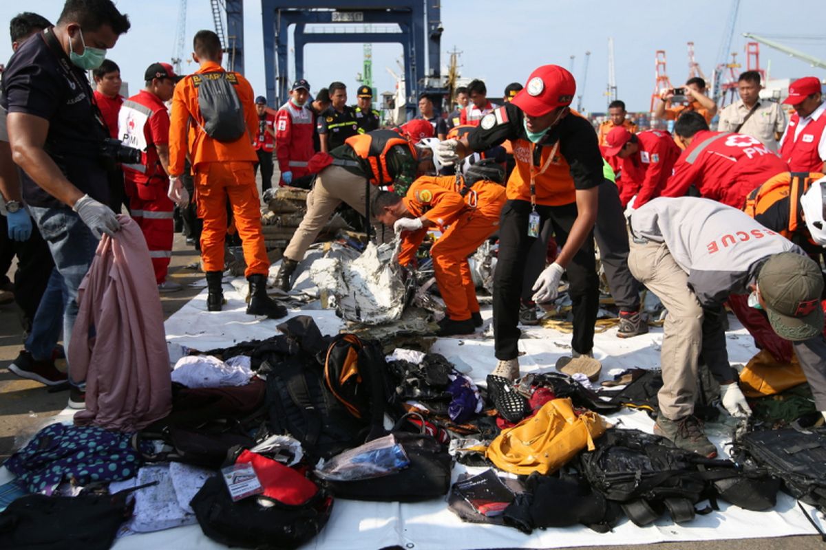 Petugas memilah serpihan pesawat dan barang penumpang pesawat Lion Air JT 610 di Dermaga JICT 2, Tanjung Priuk, Jakarta Utara, senin (29/10/2018). Pesawat Lion Air JT 610 rute Jakarta - Pangkal Pinang jatuh di perairan Pantai Karawang, Jawa Barat. Pesawat membawa yang jatuh di perairan Pantai Karawang mengangkut 181 penumpang.