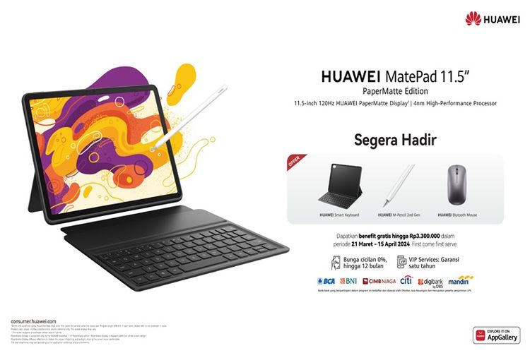 Huawei MatePad 11.5 Papermatte Edition dilengkapi dengan smart keyboard gratis, stylus Huawei M-Pencil generasi kedua, Huawei Bluetooth Mouse.