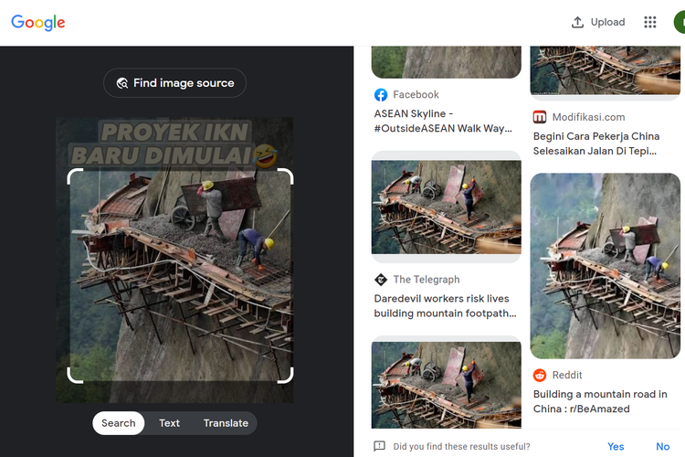 Tangkapan layar pencarian gambar di Google Lens, menampilkan foto kuli di Pingjiang, Provinsi Hunan, China pada 9 April 2015.