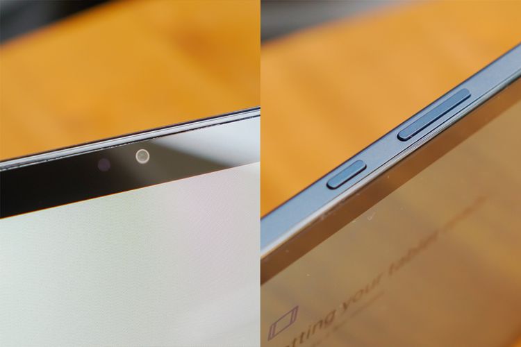 Tombol daya dan pengatur volume di Samsung Galaxy Tab A9 Plus 5G. Kamera depannya beresolusi 5 MP dan posisinya berada di atas layar ketika tablet digunakan dalam orientasi landscape.