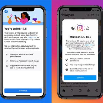 Notifikasi yang ditampilkan aplikasi Facebook dan Instagram di iOS 14.5 untuk meminta izin pelacakan aktivitas pada pengguna