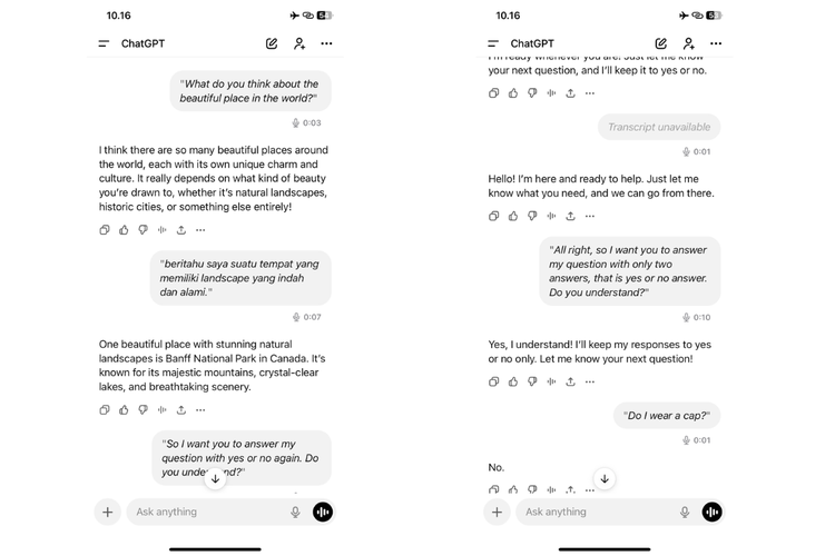 Ilustrasi obrolan dengan ChatGPT dalam mode Voice untuk memastikan mengintip lewat kamera HP atau tidak. Pada percobaan ketiga, ChatGPT benar menjawab pertanyaan soal topi.