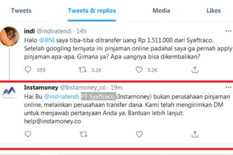 Tangkapan layar percakapan antara Indira Tendi dengan pihak PT Syaftraco (Instamoney).