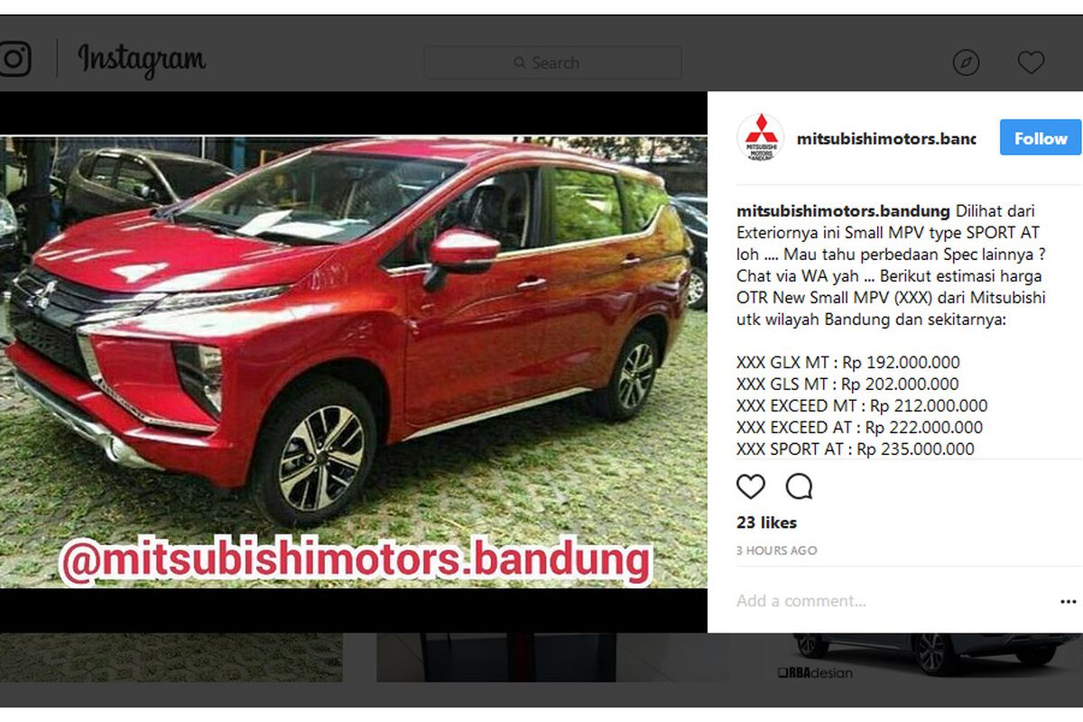 Salah satu akun Instagram yang sudah menawarkan inden berikut dengan harga lengkap per varian Mitsubishi Xpander.
