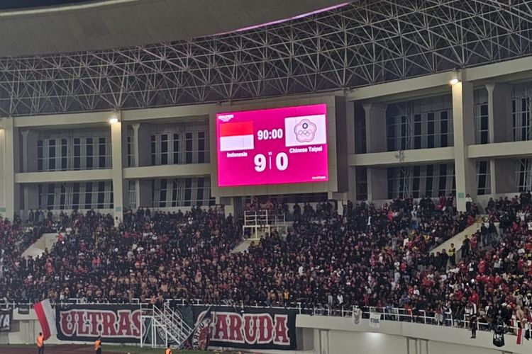 Tampilan angka di papan skor Stadion Manahan, Solo, saat timnas U23 Indonesia menang telak 9-0 atas Taiwan pada laga Kualifikasi Piala Asia U23 2024 Grup K, Sabtu (9/9/2023) malam WIB.