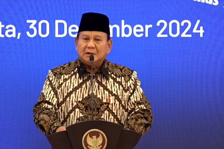 Presiden Prabowo Subianto menyebut lahan kelapa sawit tidak menyebabkan deforestasi saat pidato dalam acara Musyawarah Perencanaan Pembangunan Nasional Rencana Pembangunan Jangka Menengah Nasional Tahun 2025-2029 di Gedung Bappenas, Jakarta, Senin (30/12/2024).