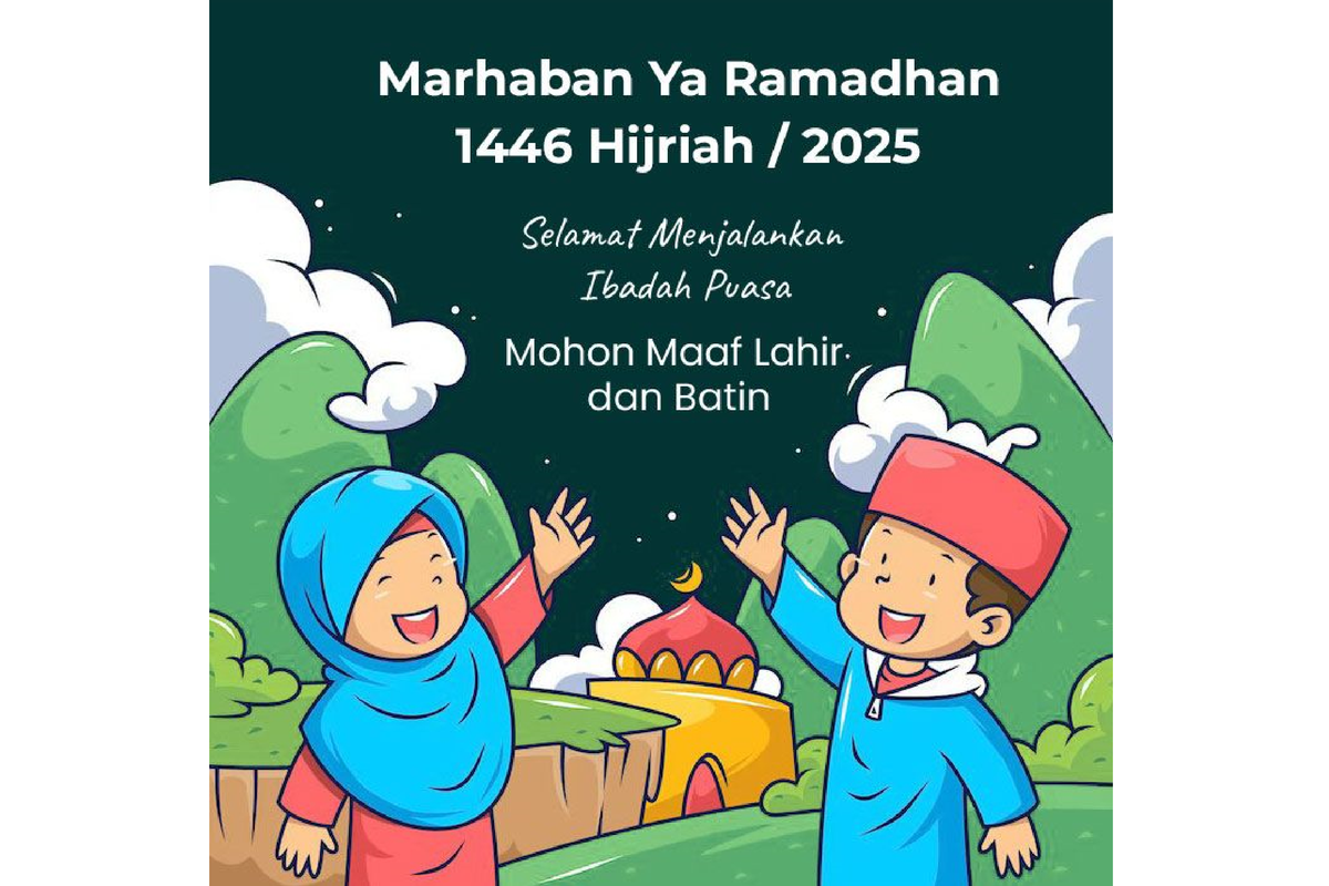 Ilustrasi poster menyambut Ramadhan 2025 anak SD.