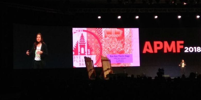 Melati Wijsen saat menjadi pembicara APMF 2018 di Bali Nusa Dua Convention Center, Badung, Bali