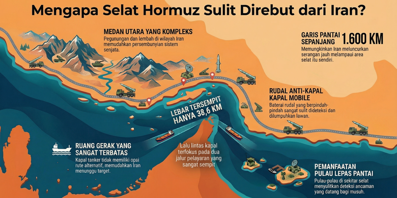 Ilustrasi letak geogafis Iran di Selat Hormuz.