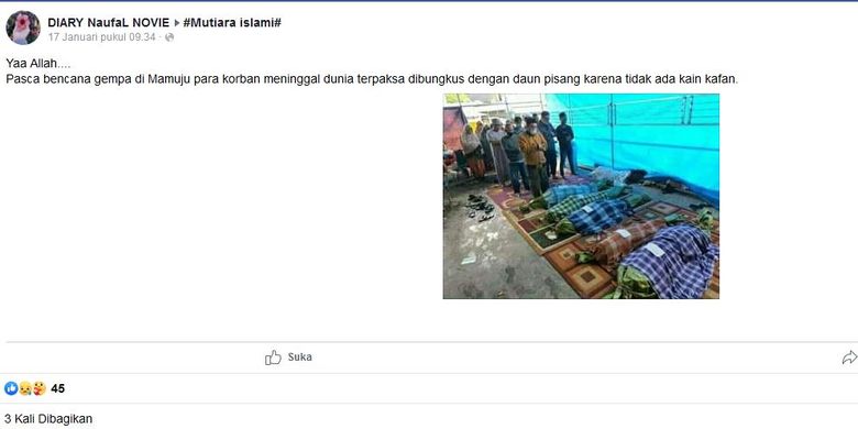 Tangkapan layar unggahan Facebook korban gempa di Mamuju yang disebut dbungkus menggunakna daun pisang