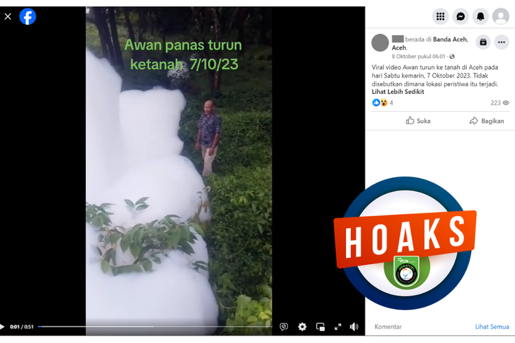 Tangkapan layar unggahan dengan narasi hoaks di sebuah akun Facebook, Minggu (8/10/2023), soal awan panas yang jatuh di Aceh.