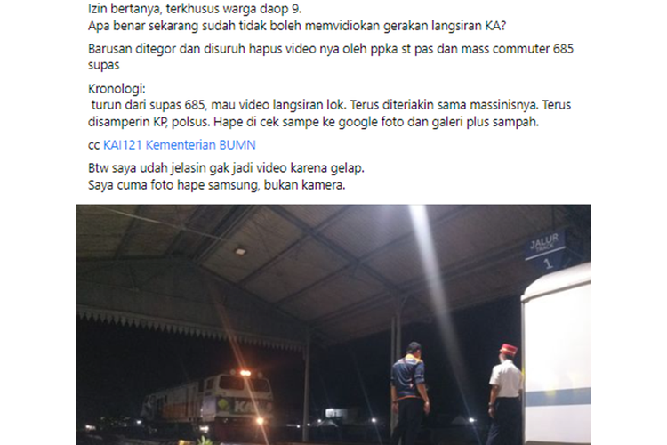 Tangkapan layar unggahan bernarasi petugas di Stasiun Pasuruan menegur dan meminta menghapus video dari penumpang yang merekam gerakan langsiran lokomotif kereta.