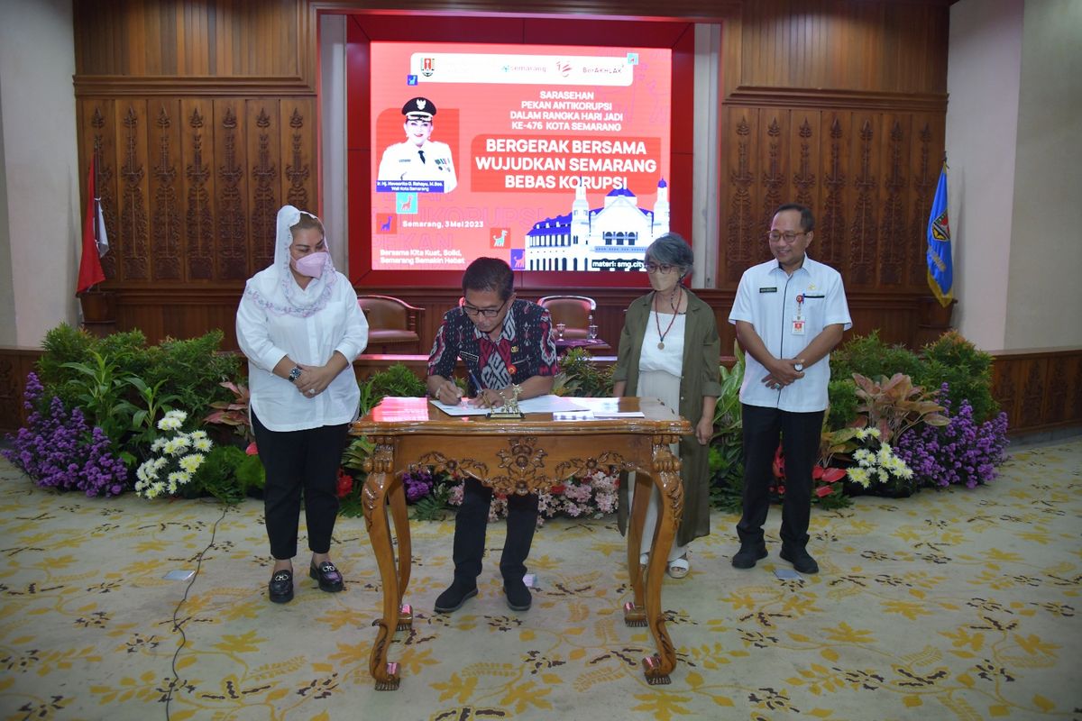 Wali Kota (Walkot) Semarang Hevearita Gunaryanti Rahayu dalam acara Sarasehan Bergerak Bersama Semarang di Ruang Loka Krida Gedung Moh Ikhsan Lantai 8, Semarang, Jawa Tengah, Rabu (3/5/2023).
