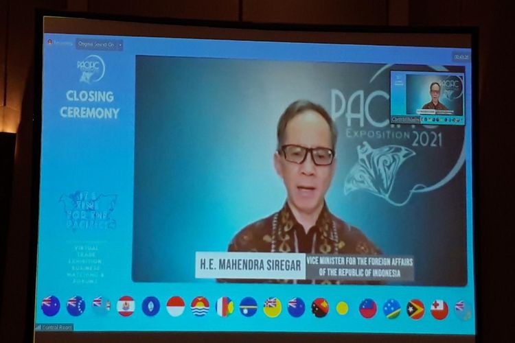 Wamenlu Mahendra Siregar memberikan sambutan secara virtual dalam acara penutupan 2nd Pacific Exposition 2021 di Jakarta, Sabtu (30/10/2021).