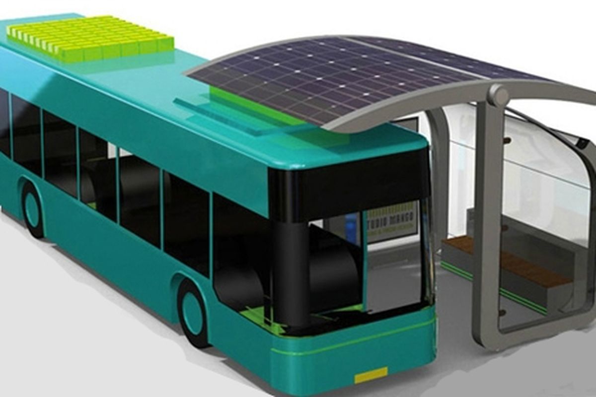 Halte yang berfungsi sebagai charger bus listrik. Energi diperoleh dari panel surya yang juga digunakan sebagai atap halte