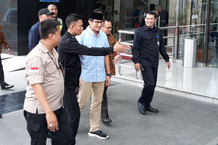 Calon wakil presiden Sandiaga Uno dan Sudirman Said di Gedung KPK Jakarta, Selasa (14/8/2018).