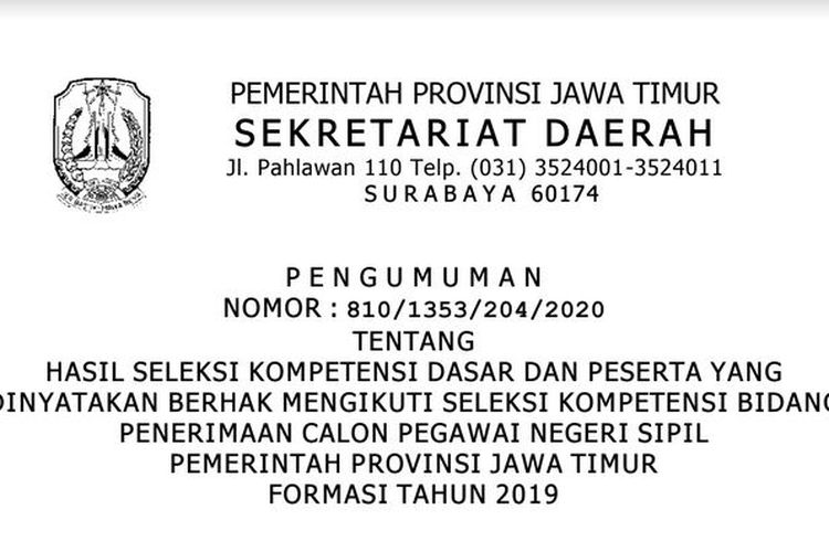 Pengumuman daftar peserta lolos SKD CPNS 2019 Provinsi Jawa Timur