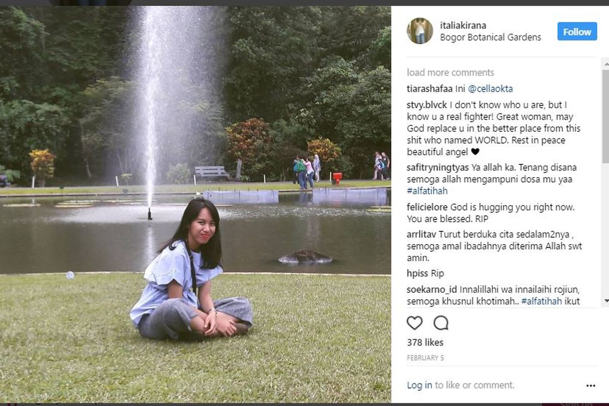 Akun Instagram milik almarhuman Italia Kirana dibanjiri ucapan duka. 
