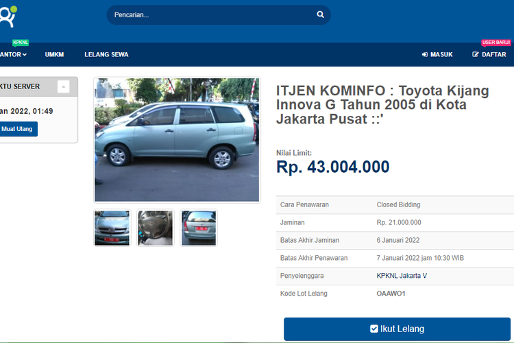 Tangkapan layar laman lelang Toyota Kijang Innova lansiran 2005 yang akan diselenggarakan pemerintah di situs lelang.go.id