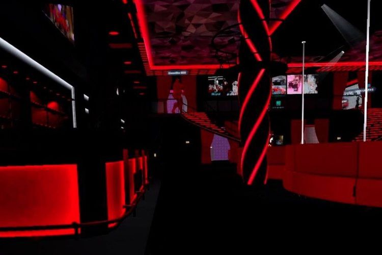 Ilustrasi ruangan klub stiptis dan tari tiang (pole-dancin) di aplikasi metaverse VRChat.