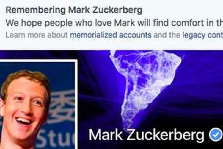Banner memorial menggantung di atas laman Facebook Mark Zuckerberg pada Jumat (11/11/2016) siang, seolah sang pendiri Facebook itu sudah meninggal dunia.