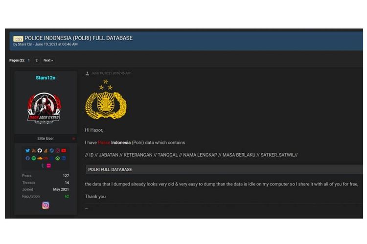 Tangkapan layar laman Raid Forum yang diduga memiliki data Polri