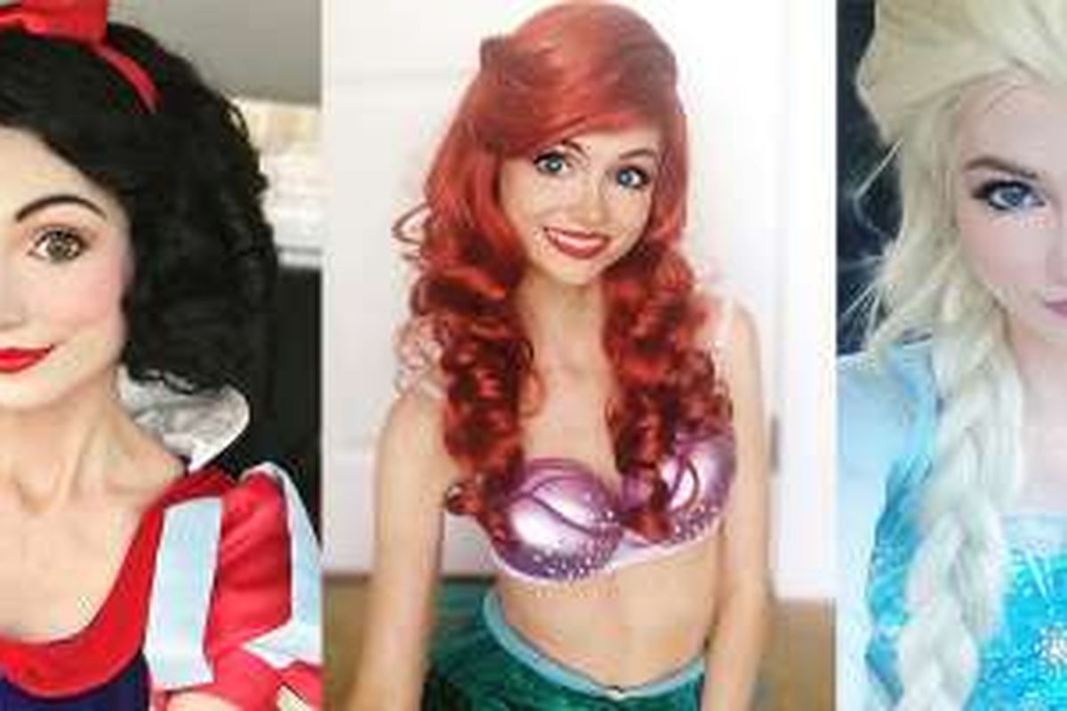 Sarah Ingle setelah berdandan menjadi Snow White, Ariel, dan Elsa. 