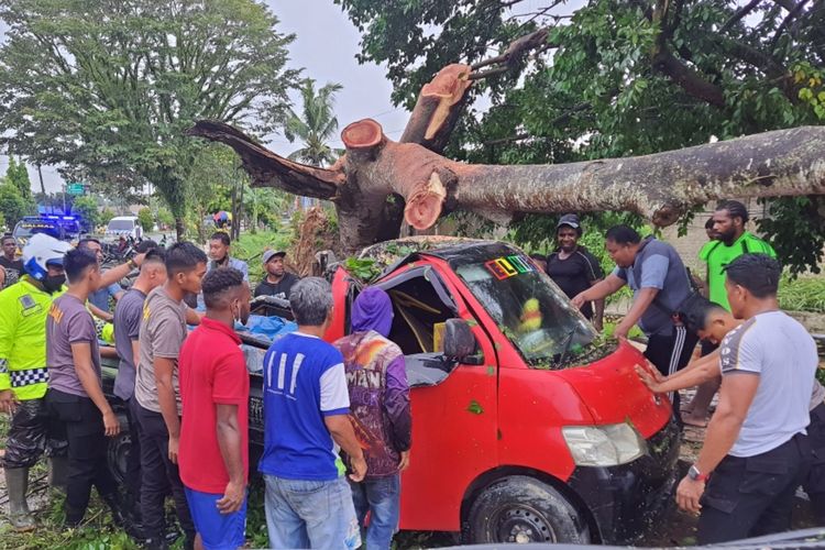 Mobil Tertimpa Pohon saat Dievakuasi Polisi Dibantu Warga