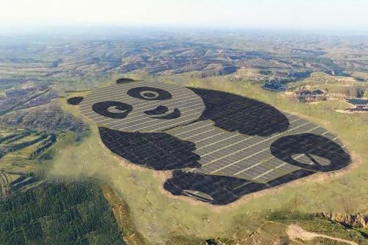 Foto dari udara ini memperlihatkan sebuah hamparan pembangkit tenaga surya yang baru dan berskala besar seluas hampir 250 hektar dibangun di Datong, China, dengan disain menyerupai panda raksasa.
