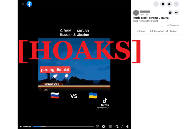 Tangkapan layar unggahan hoaks di sebuah akun Facebook, soal video yang diklaim sebagai perang antara Rusia dan Ukarina.