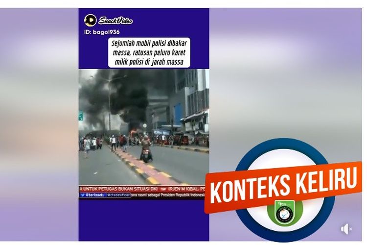 Tangkapan layar Facebook, video soal sejumlah mobil polisi dibakar massa di di Jalan  Brigjen Katamso,Slipi, Palmerah, Jakarta Barat. 
