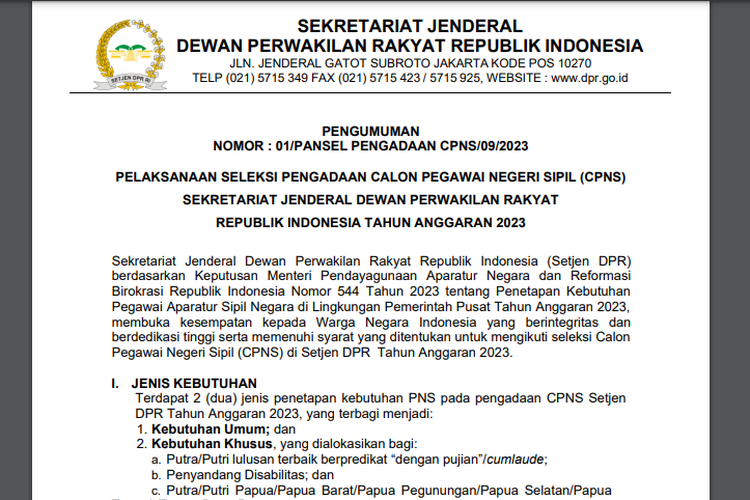 Pengumuman seleksi penerimaan CPNS Sekretariat Jenderal DPR RI 2023