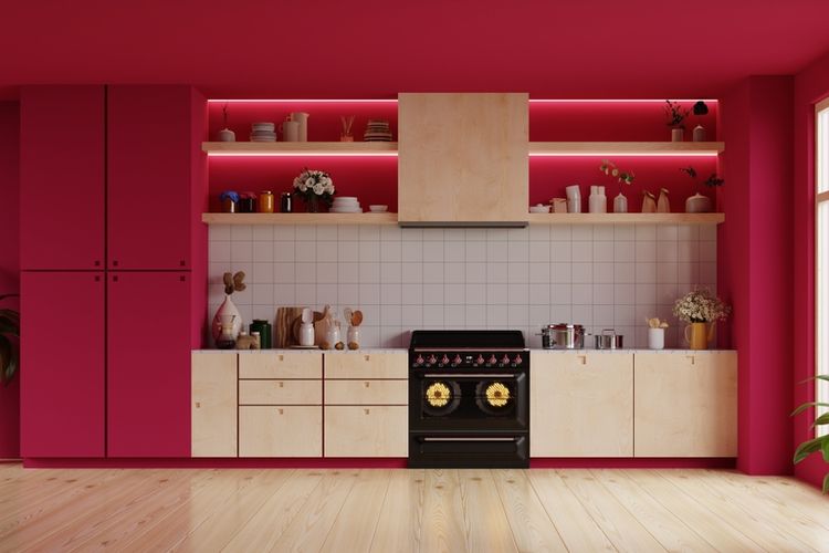 Penggunaan warna viva magenta di area dapur