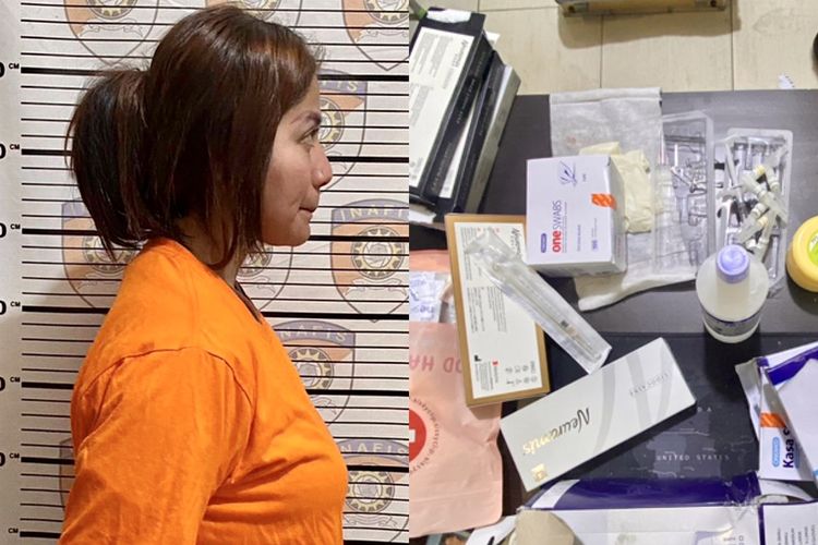 Kolase foto artis dangdut yang ditangkap atas kasus praktik ilegal kecantikan dan barang bukti yang diamankan polisi.