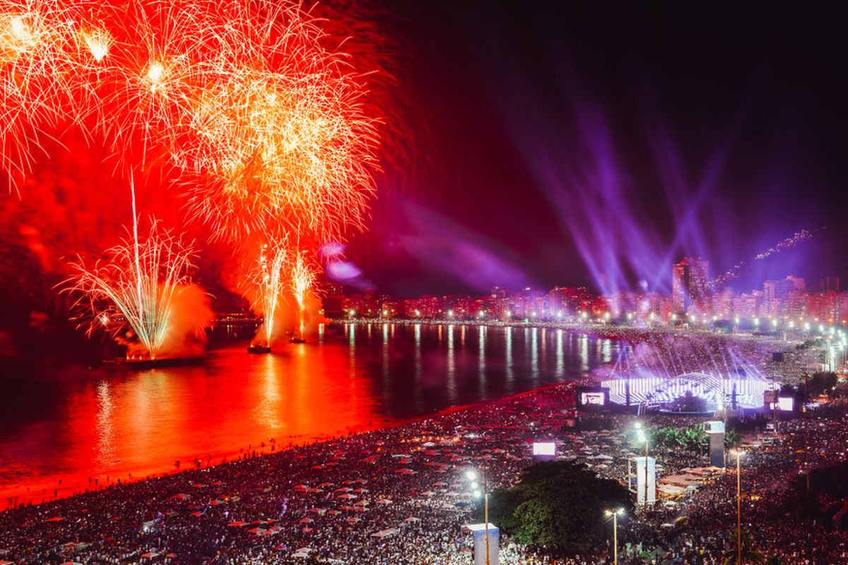 ilustrasi pesta kembang api malam tahun baru di Pantai Copacabana Rio de Janeiro Brasil
