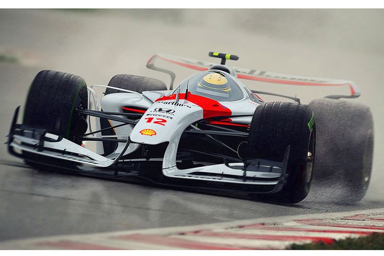 Rendering mobil balap F1 dengan penutup kepala mirip jet tempur.