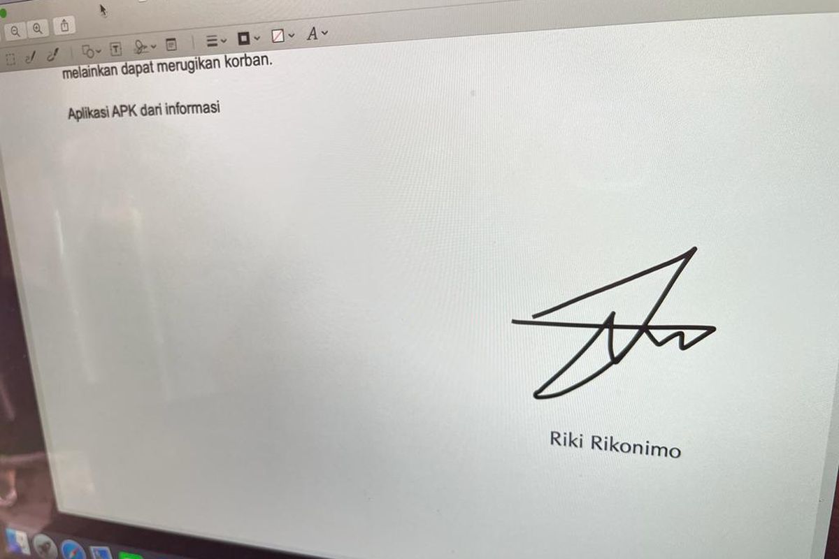 Tanda tangan digital di PDF yang dilakukan melalui aplikasi bawaan Preview pada desktop MacOS.