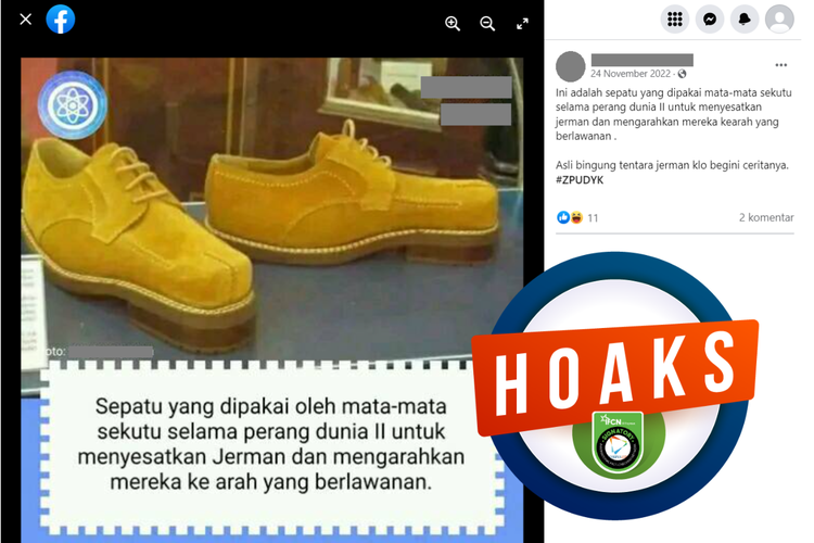 Tangkapan layar unggahan dengan narasi hoaks di sebuah akun Facebook, 24 November 2022, mengenai sepatu mata-mata yang dipakai selama Perang Dunia II.