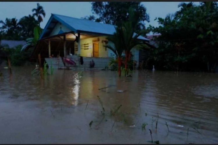 Banjir melanda 3 kecamatan di Mentawai, Sumbar, sejak Sabtu (12/11/2022). Terlihat rumah warga terendam banjir.