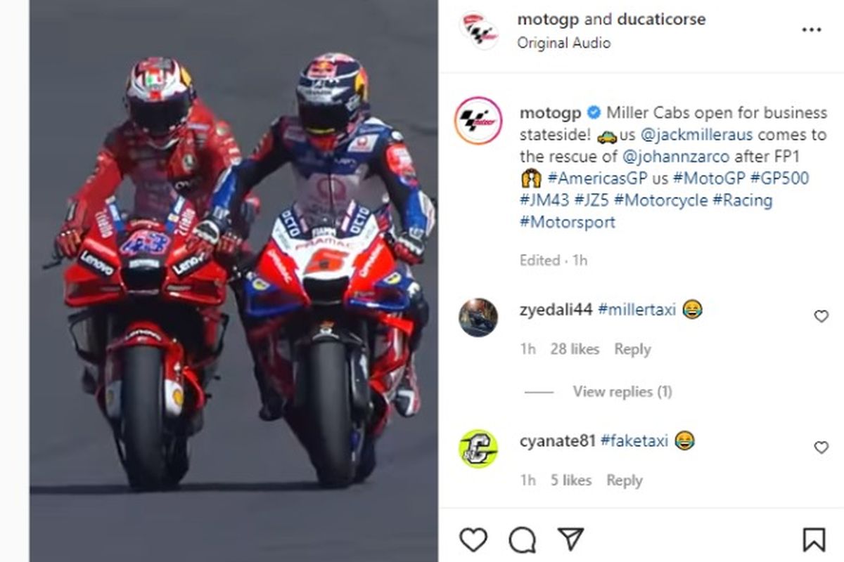 Jack Miller membantu Johann Zarco yang motornya mogok dengan cara stut di MotoGP Amerika 2022