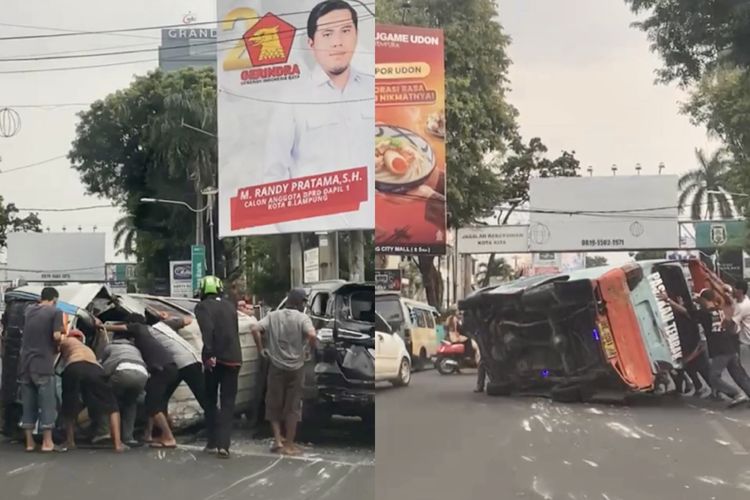 Kolase bidik layar video kecelakaan dua angkot di Bandar Lampung, Minggu (23/7/2023) sore.