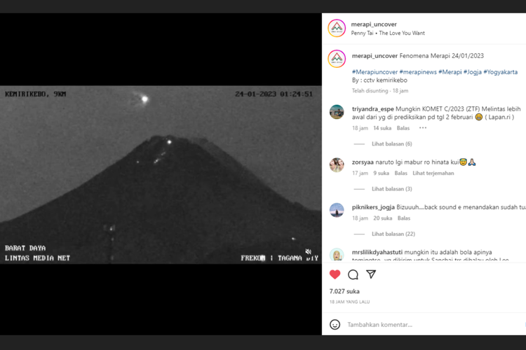 Tangkapan layar unggahan video yang memperlihatkan benda bercahaya putih terbang di atas Gunung Merapi.