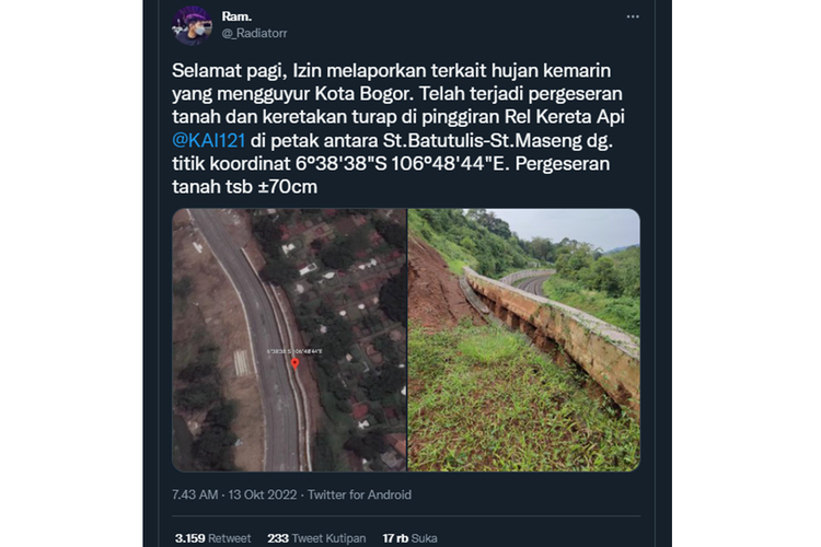 Tangkapan layar twit soal pergeseran tanah dan keretakan turap di pinggiran rel kereta api Bogor-Sukabumi.