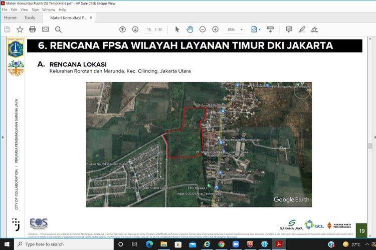Tangkapan layar paparan konsultan kepada warga terkait lahan yang akan digunakan sebagai lokasi pembangunan FPSA (yang dilingkari merah).