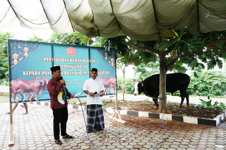 Penyerahan sapi Qurban sumbangan dari Panglima TNI yang diserahkan Kapoksahli Kodam kepada Ketua Panitia Qurban